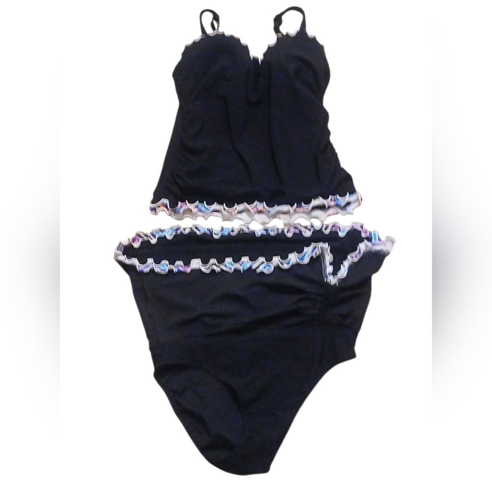 By Gottex -NWOT, 2 Piece Swimsuit,Black W/Multi Colored Ruffles, Built-in D Cups - Picture 3 of 7